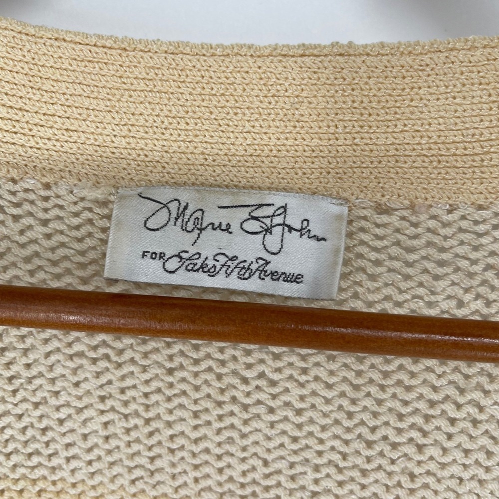 Vintage ST JOHN Striped Cardigan Marie Gray Knit Open Front Beige Sweater Size L - Picture 4 of 6